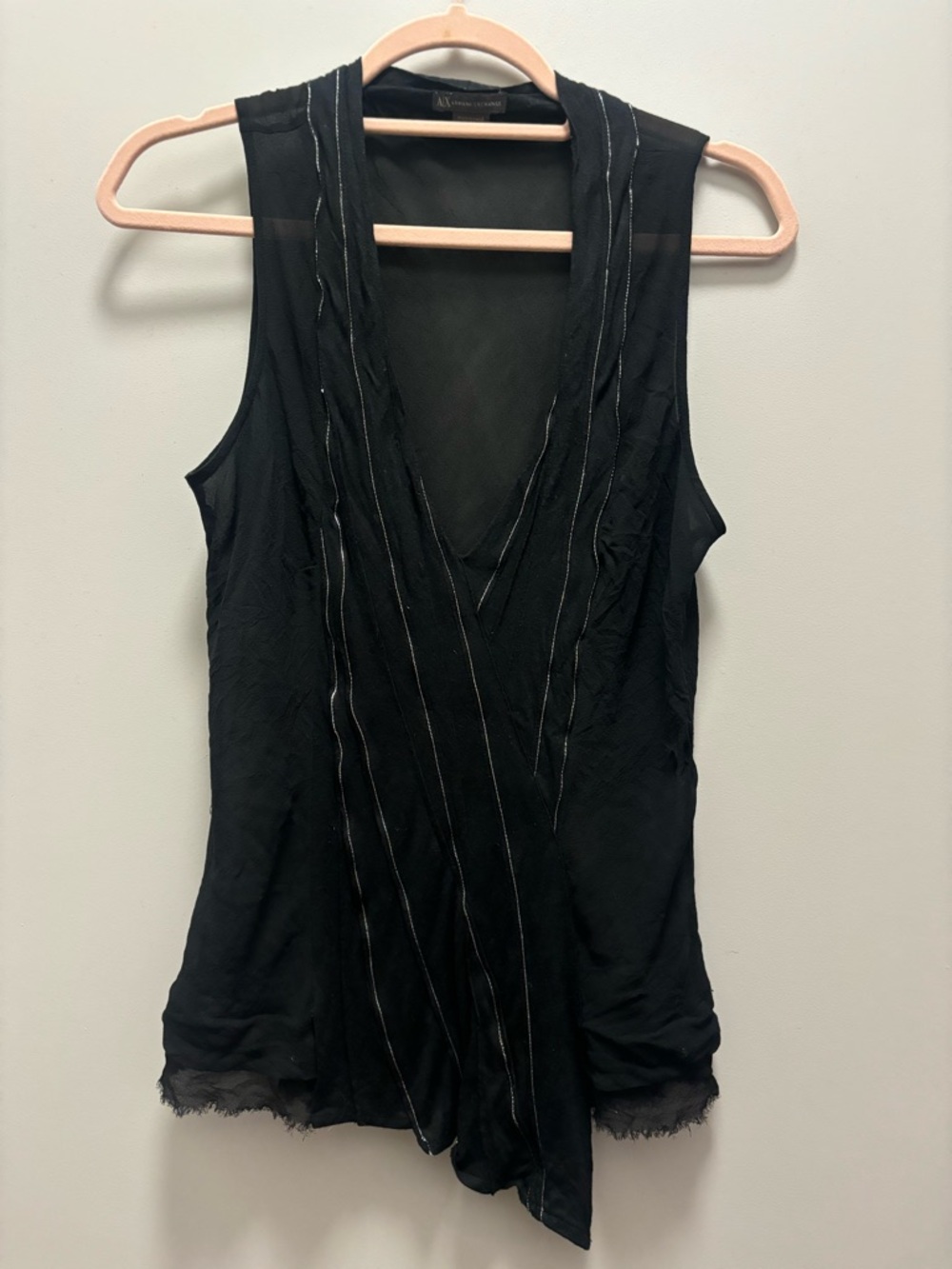Armani Exchange Black V-Neck Sleeveless Tank with Decorative Stitching